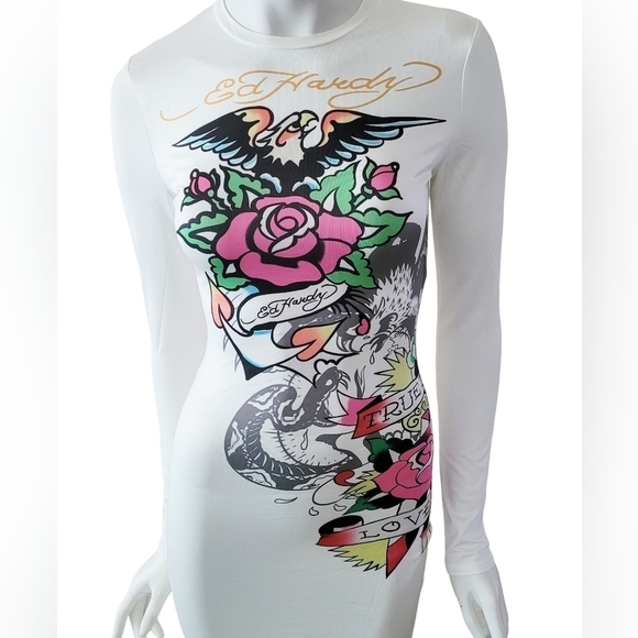 Boutique Graffiti Print Long Sleeve T-Shirt Mini Dress White Bodycon - Picture 5 of 12